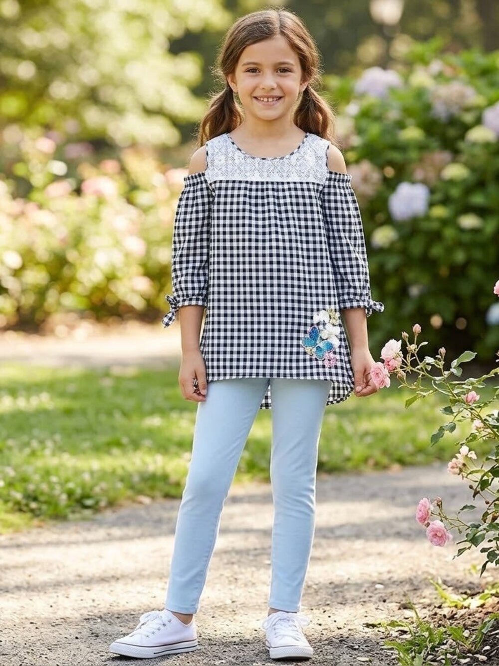 NEW One Step Up 2 Piece set Outfit Gingham Plaid Cold Shoulder Top Leggings Pant